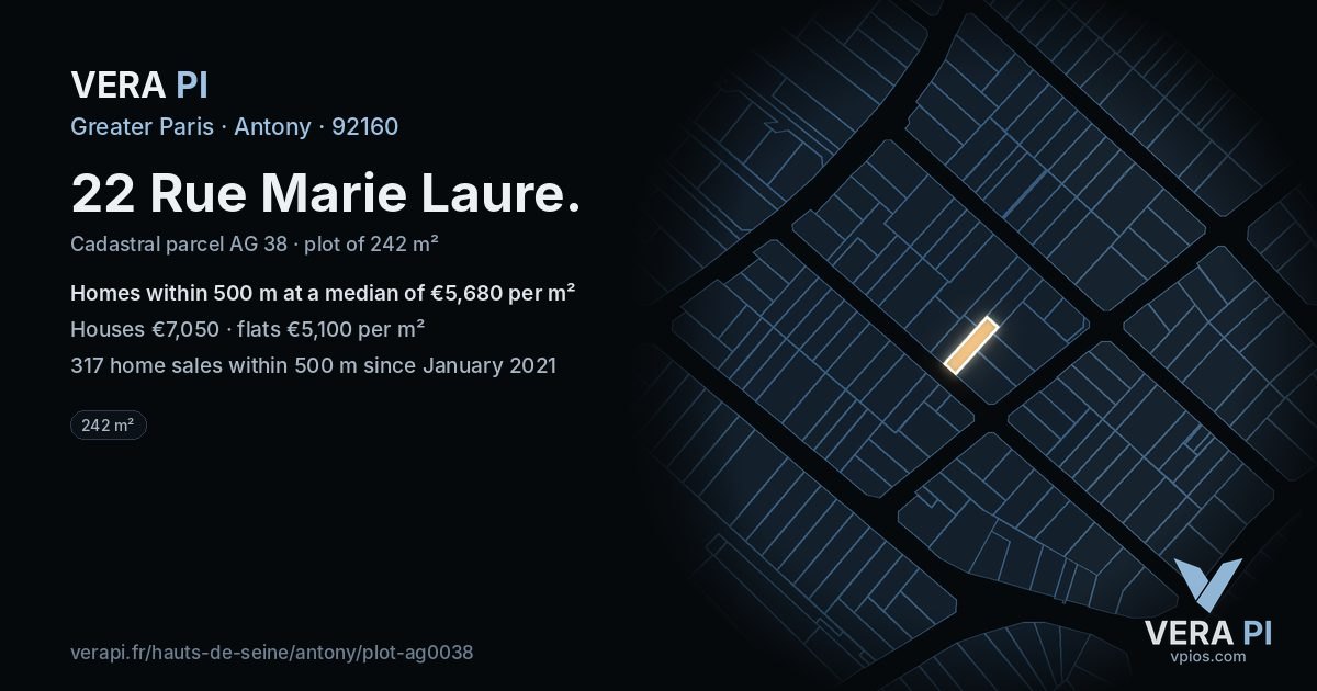 22 Rue Marie Laure, Antony at night – the plot lit, the parcels around coloured by the prices near them