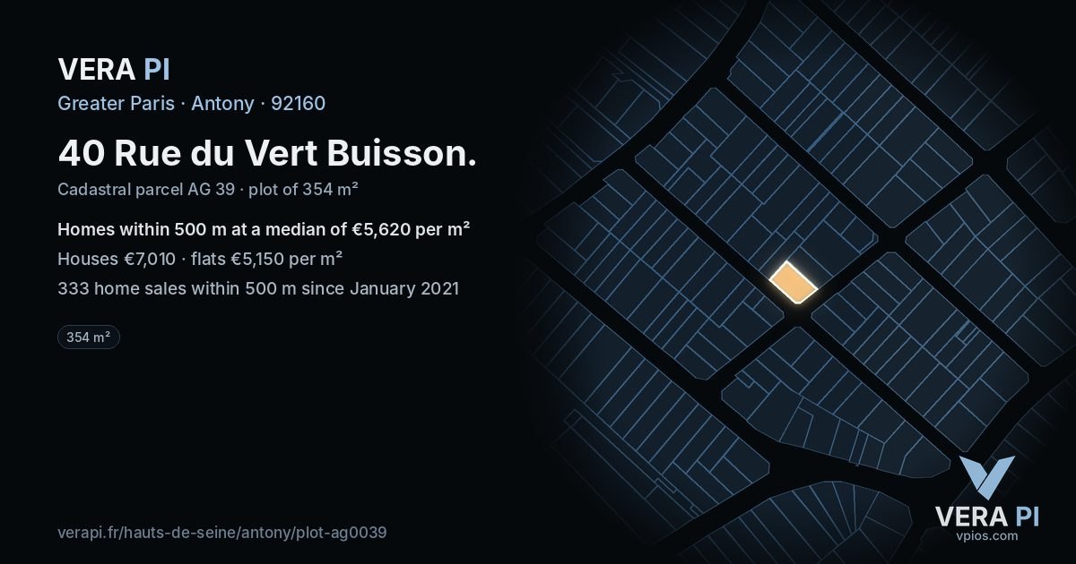 40 Rue du Vert Buisson, Antony at night – the plot lit, the parcels around coloured by the prices near them