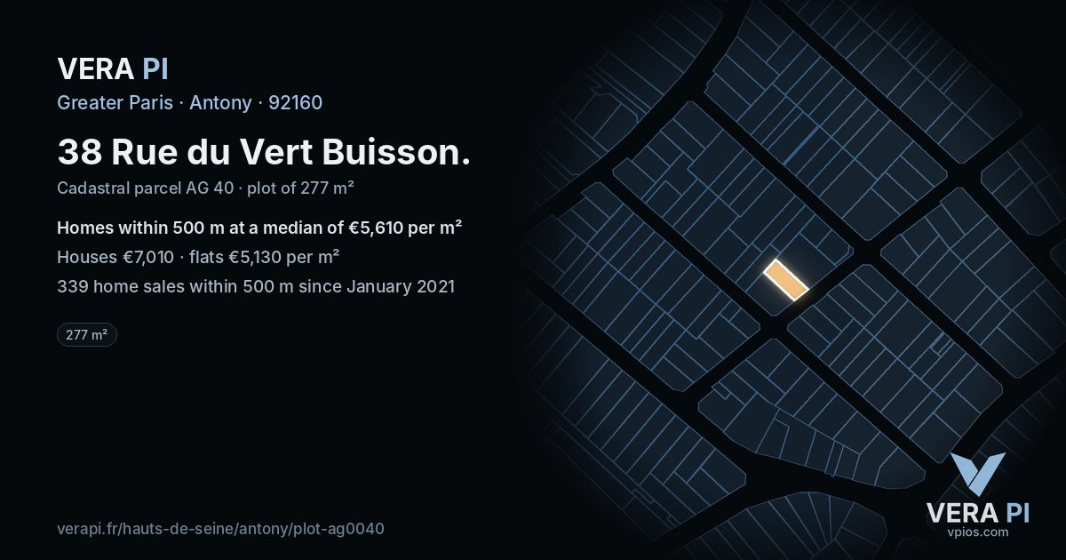 38 Rue du Vert Buisson, Antony at night – the plot lit, the parcels around coloured by the prices near them
