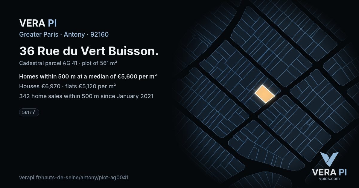 36 Rue du Vert Buisson, Antony at night – the plot lit, the parcels around coloured by the prices near them