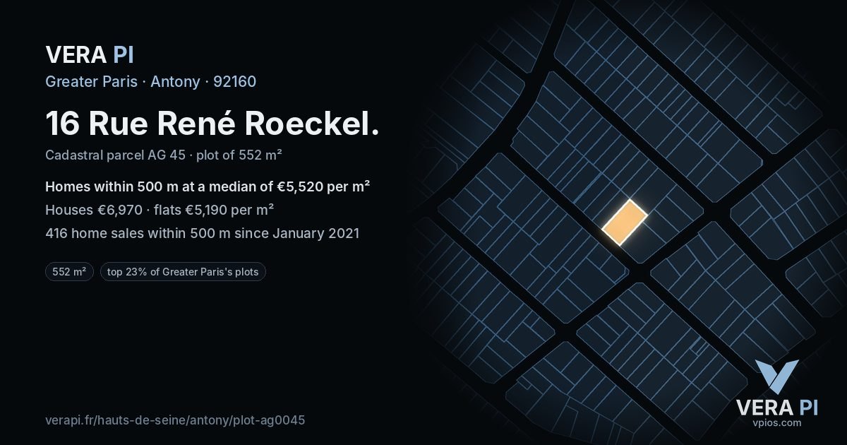 16 Rue René Roeckel, Antony at night – the plot lit, the parcels around coloured by the prices near them