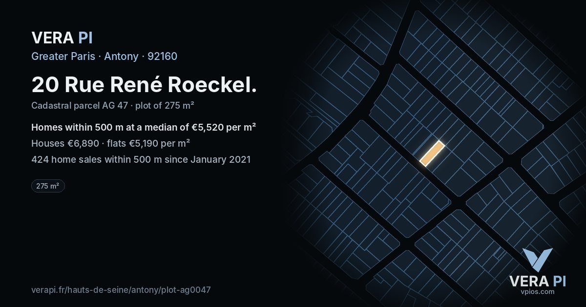 20 Rue René Roeckel, Antony at night – the plot lit, the parcels around coloured by the prices near them