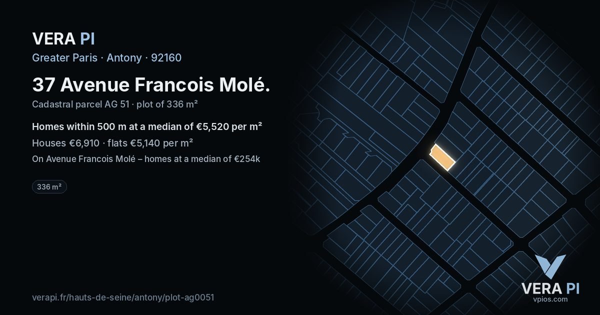 37 Avenue Francois Molé, Antony at night – the plot lit, the parcels around coloured by the prices near them