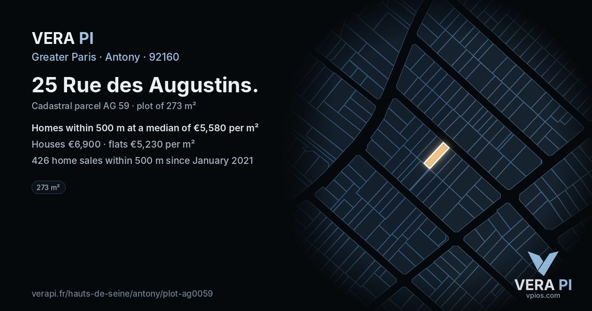 25 Rue des Augustins, Antony at night – the plot lit, the parcels around coloured by the prices near them