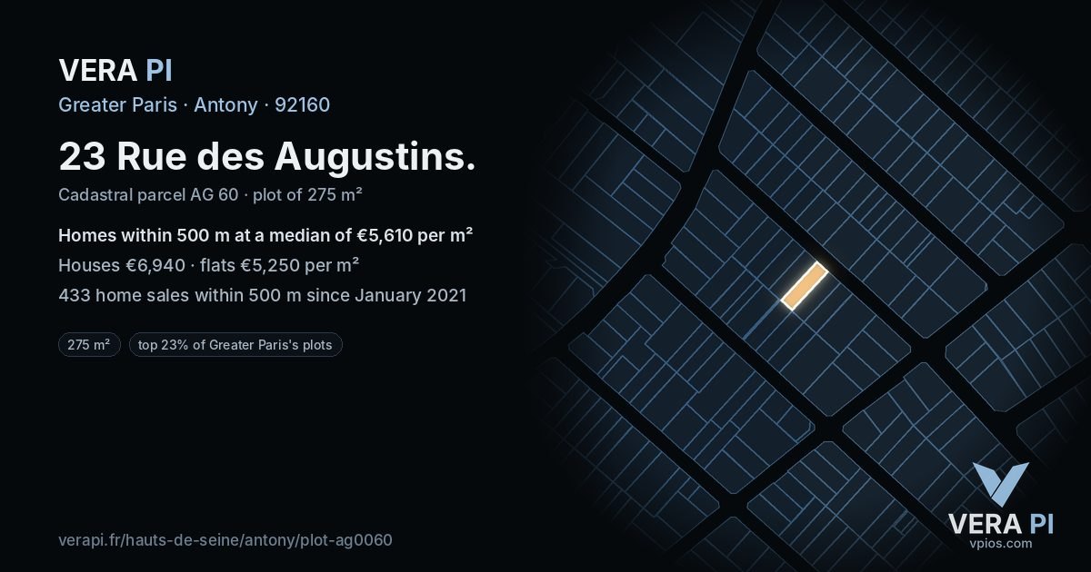 23 Rue des Augustins, Antony at night – the plot lit, the parcels around coloured by the prices near them