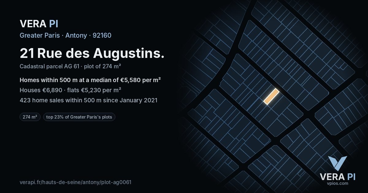 21 Rue des Augustins, Antony at night – the plot lit, the parcels around coloured by the prices near them