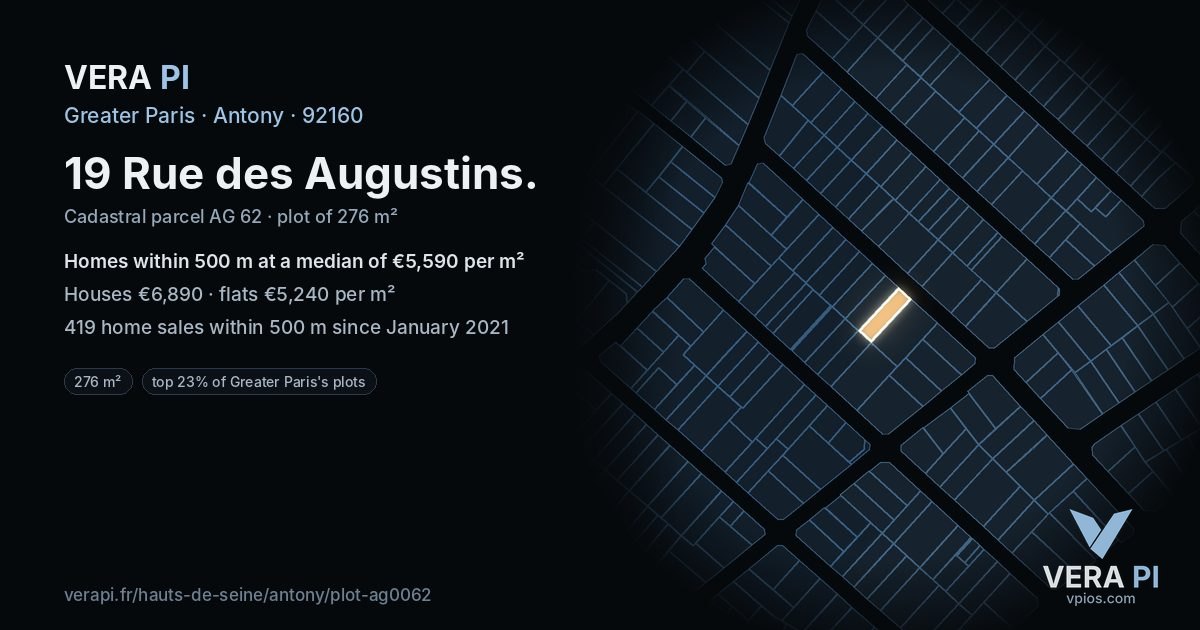 19 Rue des Augustins, Antony at night – the plot lit, the parcels around coloured by the prices near them