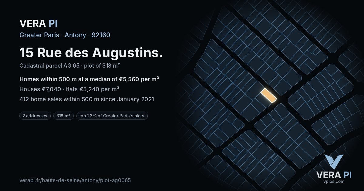 15 Rue des Augustins, Antony at night – the plot lit, the parcels around coloured by the prices near them