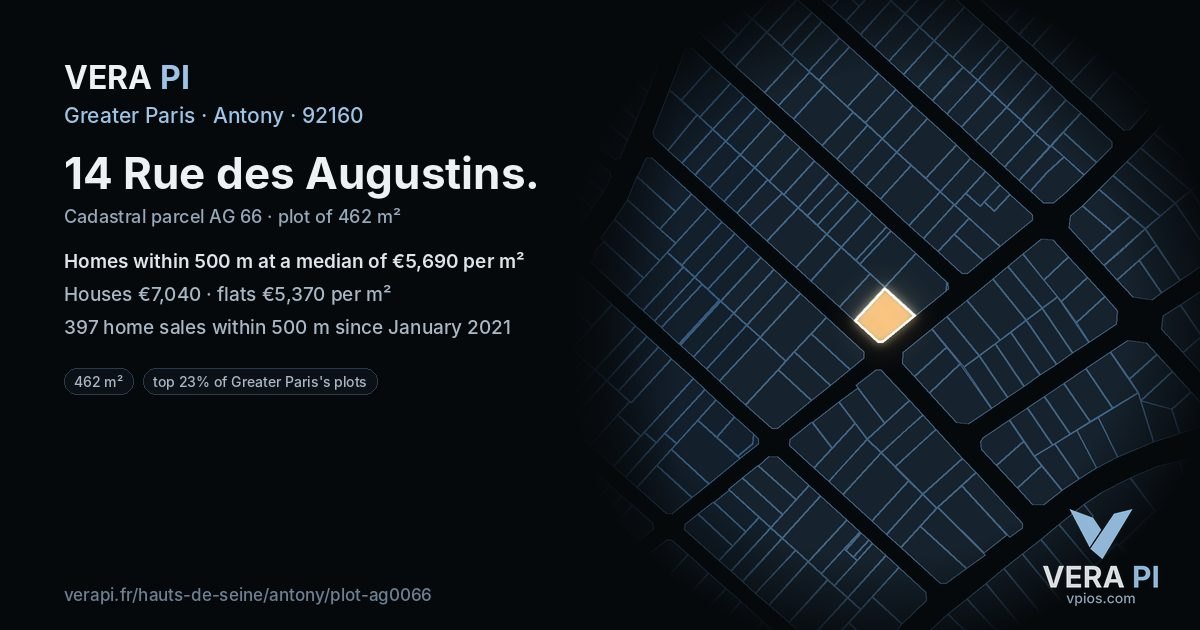 14 Rue des Augustins, Antony at night – the plot lit, the parcels around coloured by the prices near them