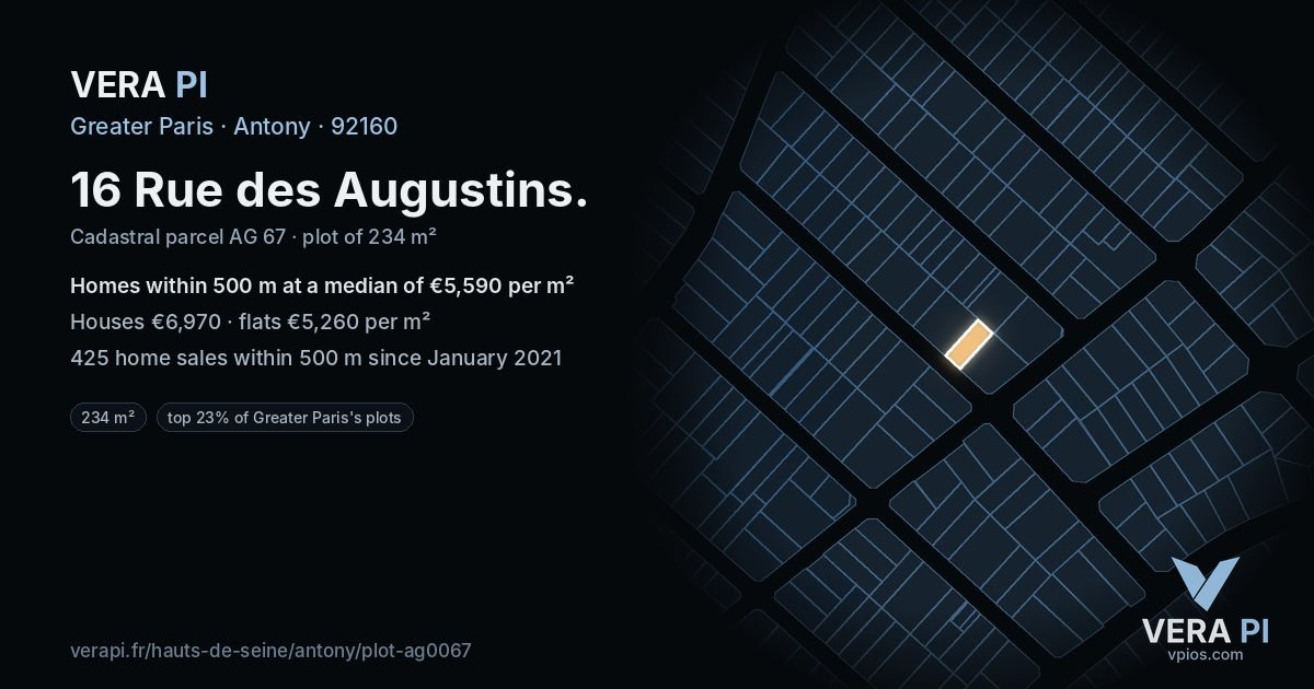 16 Rue des Augustins, Antony at night – the plot lit, the parcels around coloured by the prices near them