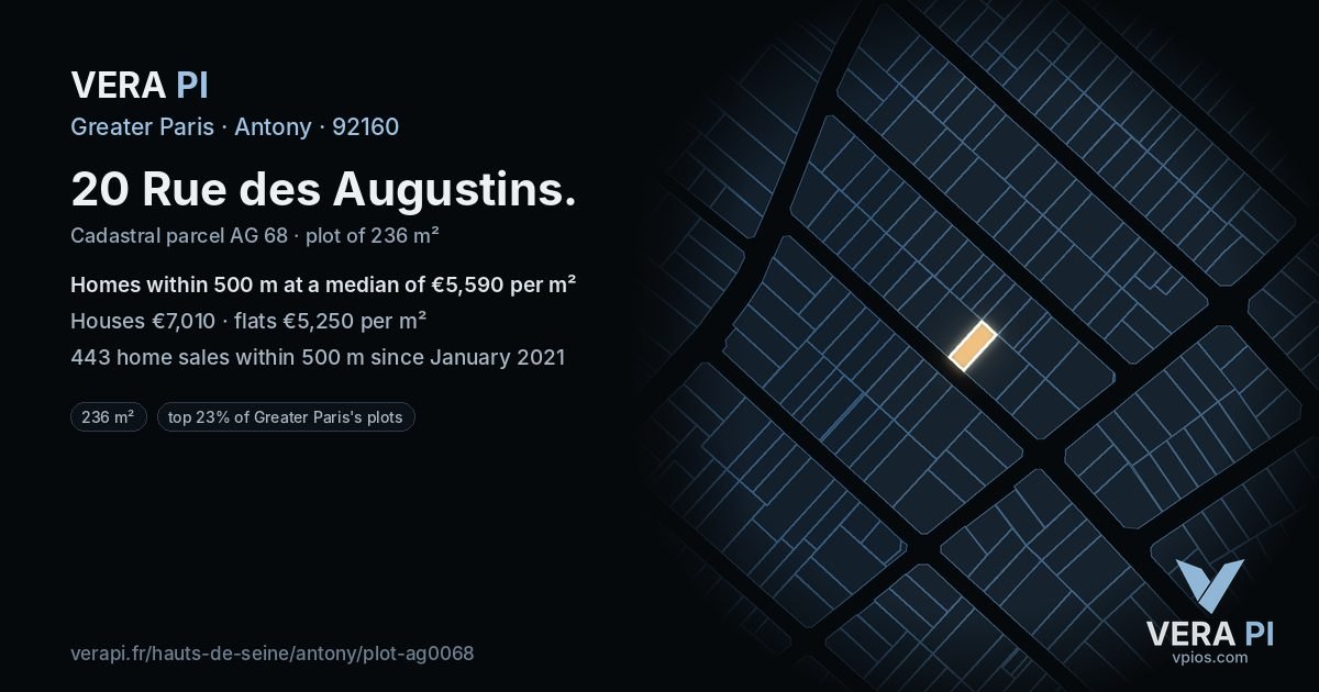 20 Rue des Augustins, Antony at night – the plot lit, the parcels around coloured by the prices near them