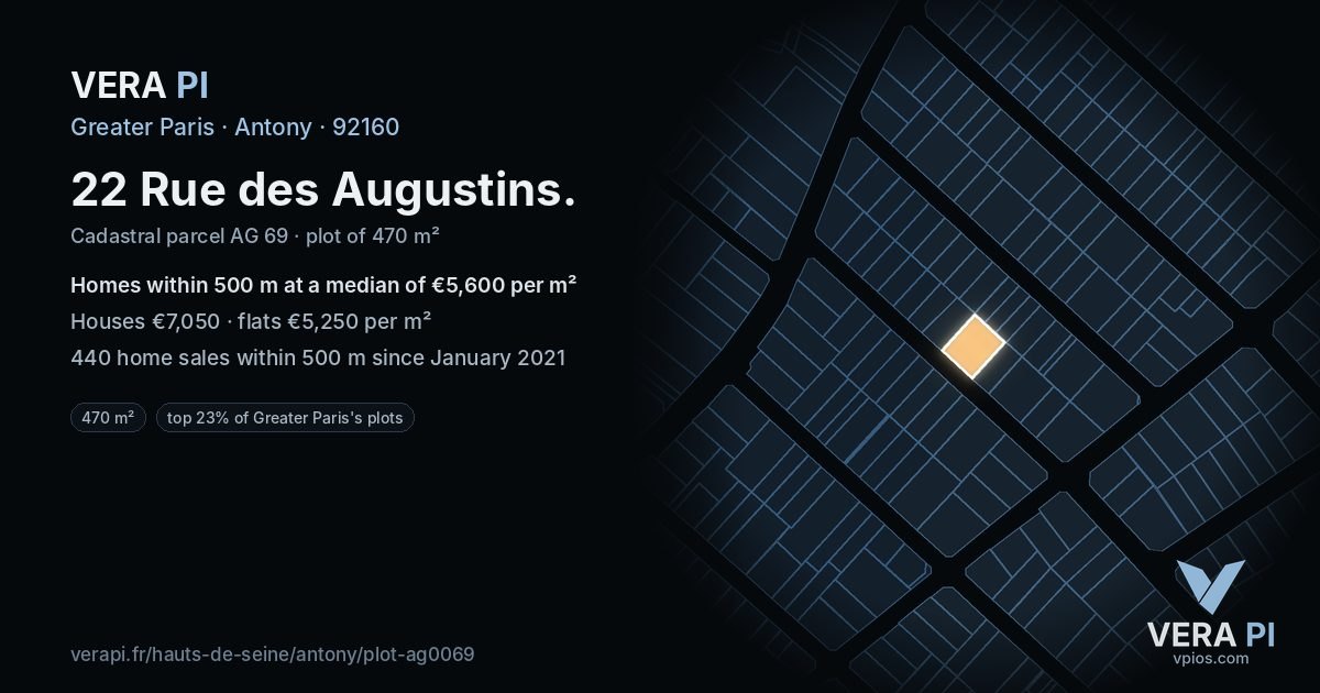 22 Rue des Augustins, Antony at night – the plot lit, the parcels around coloured by the prices near them