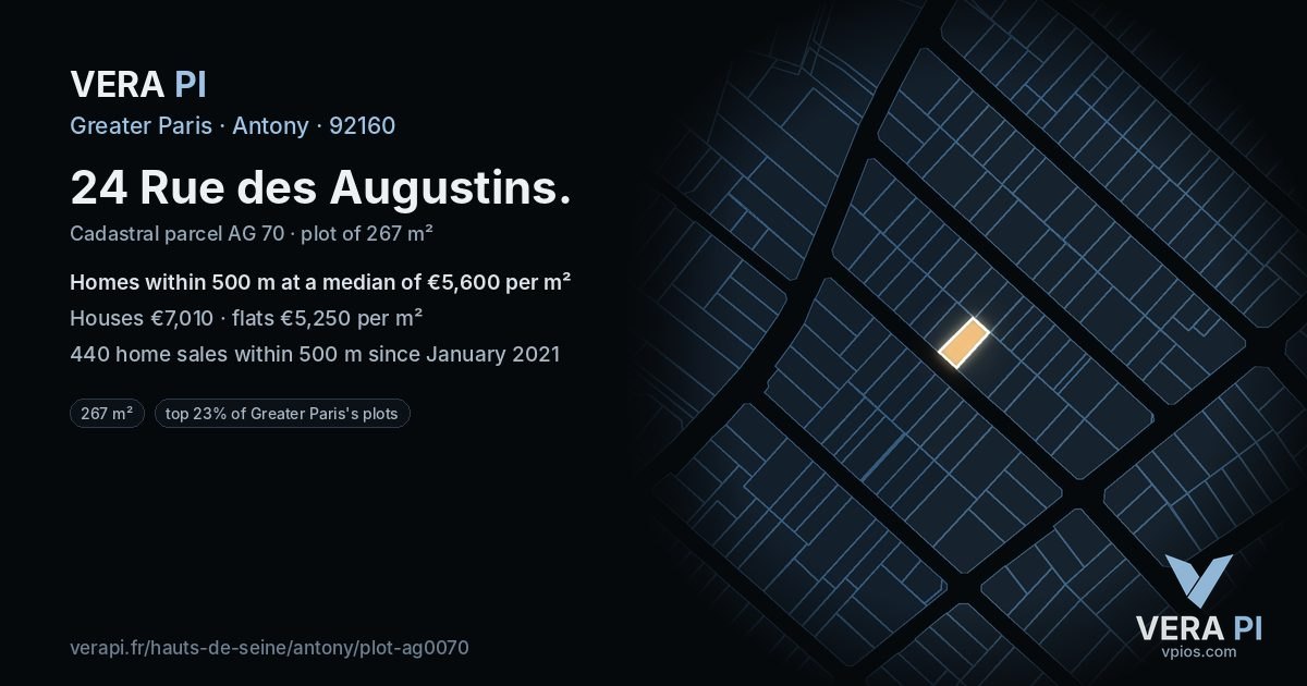 24 Rue des Augustins, Antony at night – the plot lit, the parcels around coloured by the prices near them