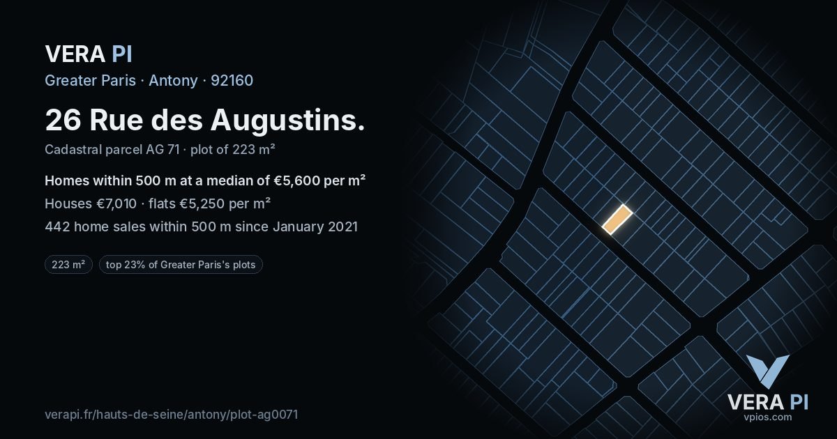 26 Rue des Augustins, Antony at night – the plot lit, the parcels around coloured by the prices near them