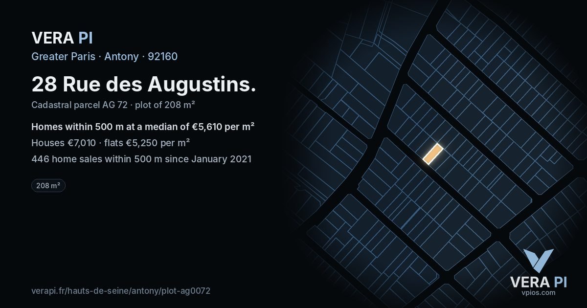 28 Rue des Augustins, Antony at night – the plot lit, the parcels around coloured by the prices near them