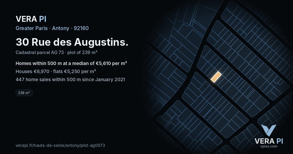 30 Rue des Augustins, Antony at night – the plot lit, the parcels around coloured by the prices near them