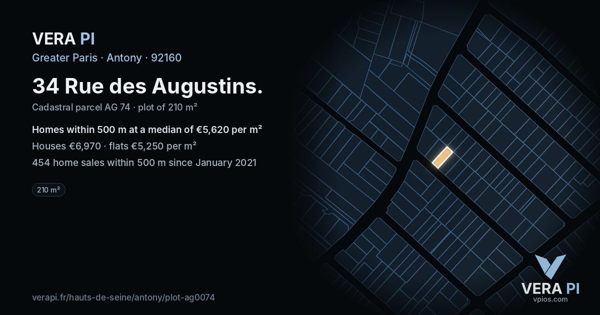 34 Rue des Augustins, Antony at night – the plot lit, the parcels around coloured by the prices near them