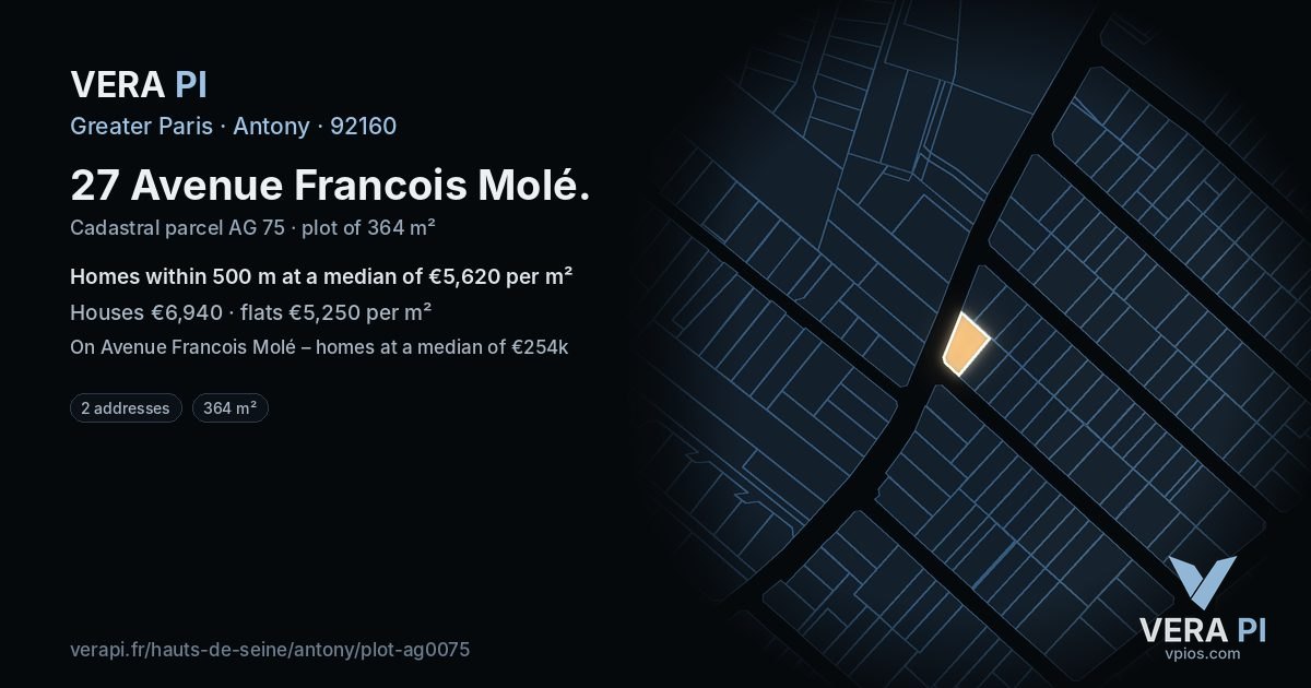 27 Avenue Francois Molé, Antony at night – the plot lit, the parcels around coloured by the prices near them