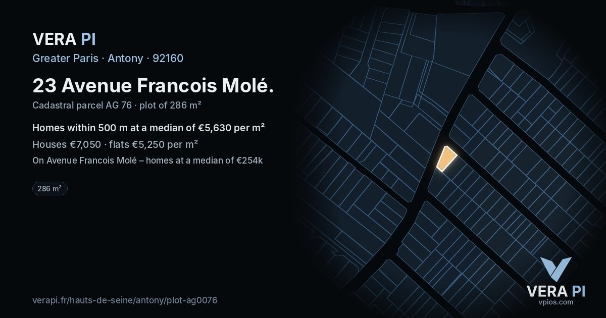 23 Avenue Francois Molé, Antony at night – the plot lit, the parcels around coloured by the prices near them