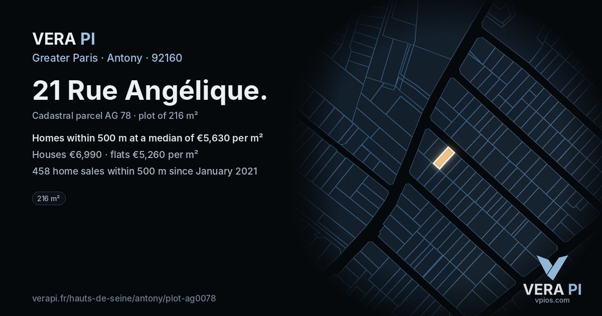 21 Rue Angélique, Antony at night – the plot lit, the parcels around coloured by the prices near them