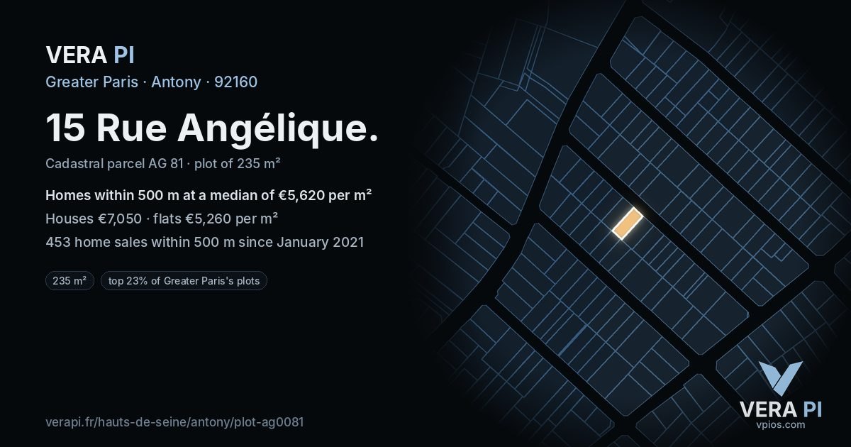15 Rue Angélique, Antony at night – the plot lit, the parcels around coloured by the prices near them