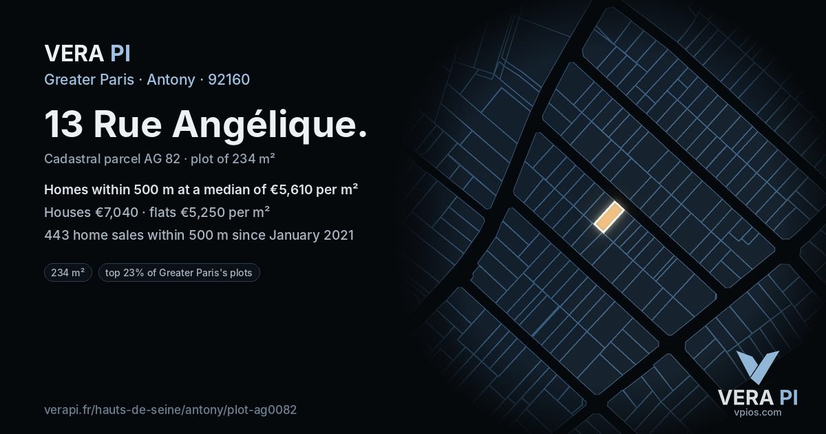 13 Rue Angélique, Antony at night – the plot lit, the parcels around coloured by the prices near them
