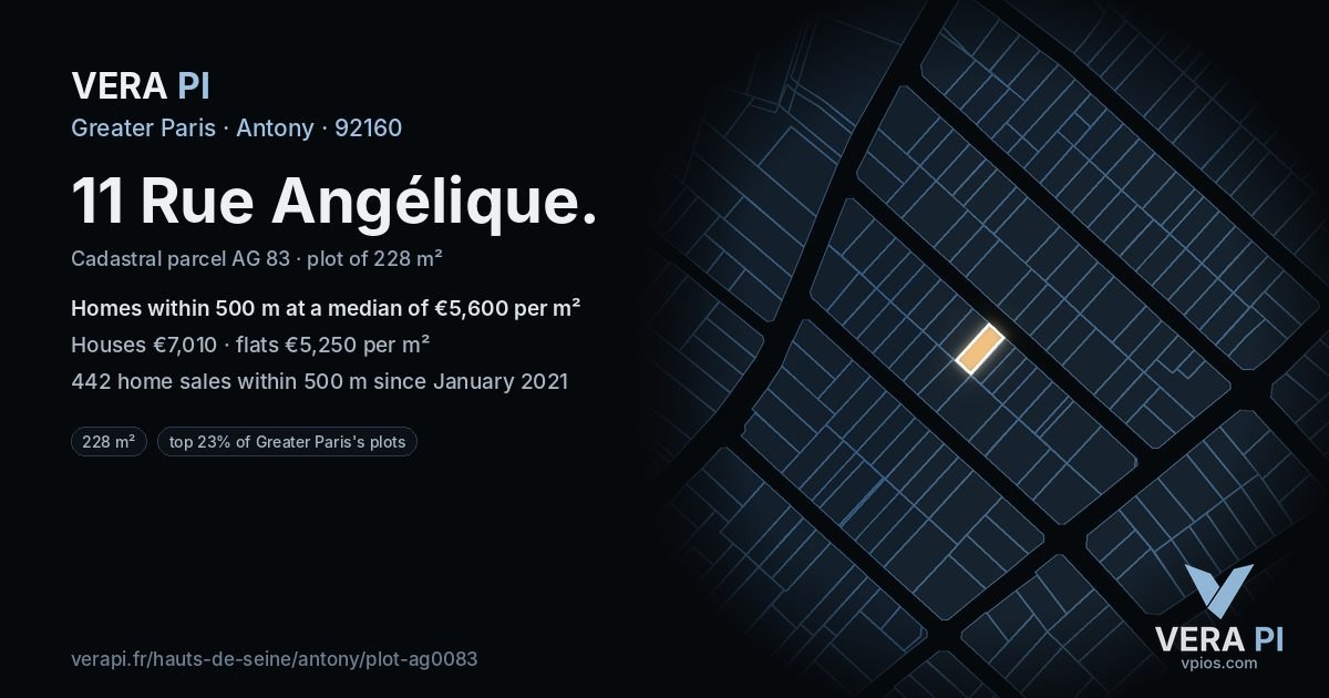 11 Rue Angélique, Antony at night – the plot lit, the parcels around coloured by the prices near them