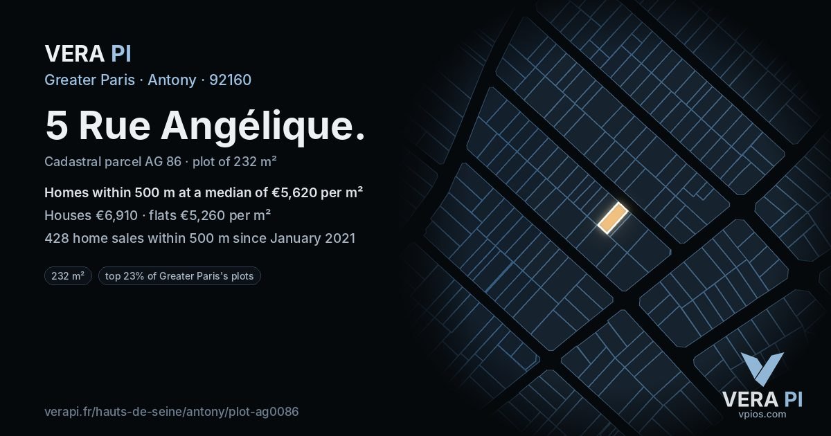 5 Rue Angélique, Antony at night – the plot lit, the parcels around coloured by the prices near them