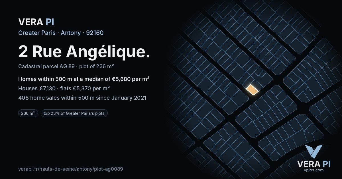 2 Rue Angélique, Antony at night – the plot lit, the parcels around coloured by the prices near them
