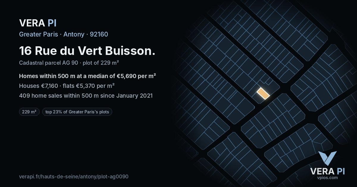 16 Rue du Vert Buisson, Antony at night – the plot lit, the parcels around coloured by the prices near them
