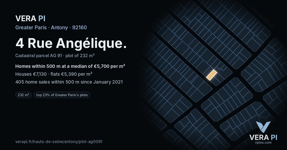 4 Rue Angélique, Antony at night – the plot lit, the parcels around coloured by the prices near them