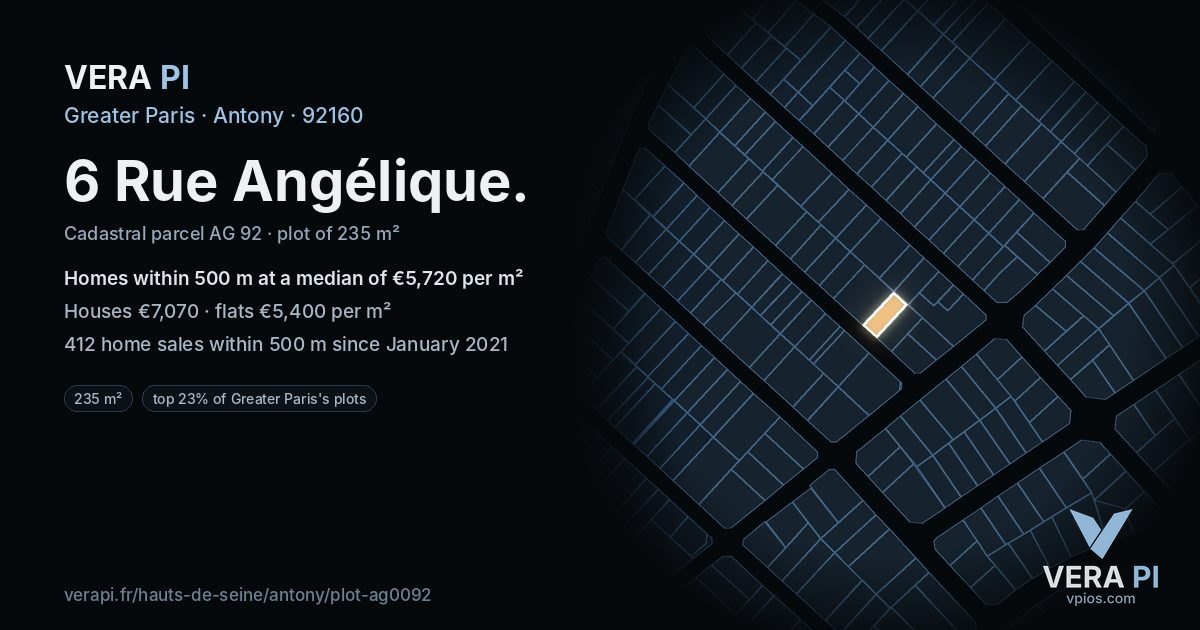 6 Rue Angélique, Antony at night – the plot lit, the parcels around coloured by the prices near them