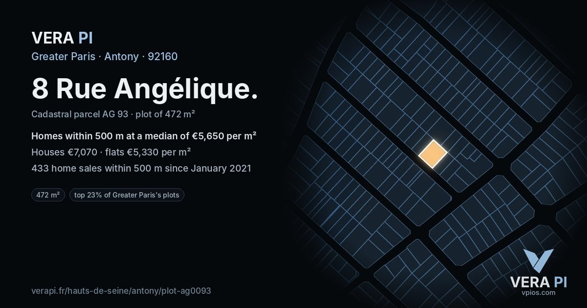 8 Rue Angélique, Antony at night – the plot lit, the parcels around coloured by the prices near them