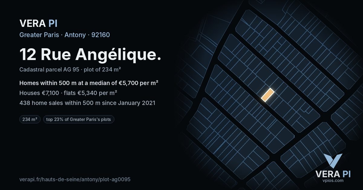 12 Rue Angélique, Antony at night – the plot lit, the parcels around coloured by the prices near them