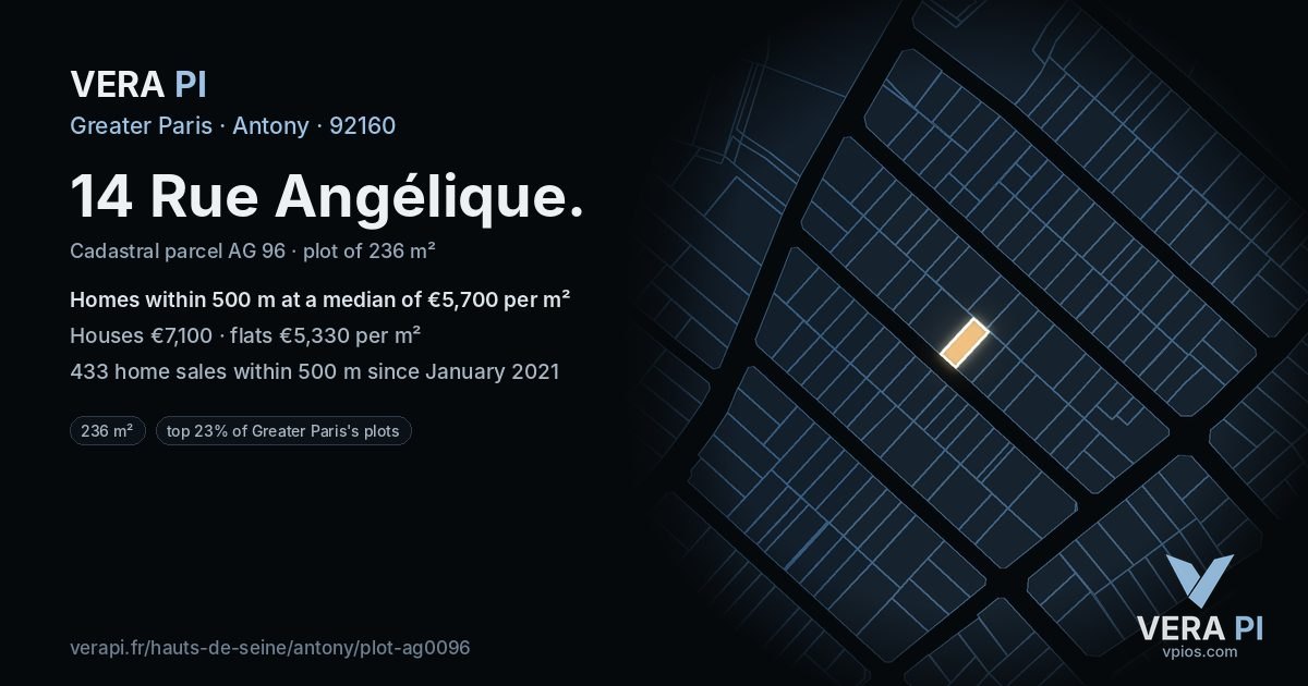 14 Rue Angélique, Antony at night – the plot lit, the parcels around coloured by the prices near them
