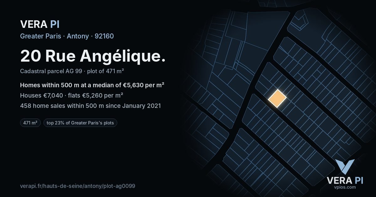 20 Rue Angélique, Antony at night – the plot lit, the parcels around coloured by the prices near them