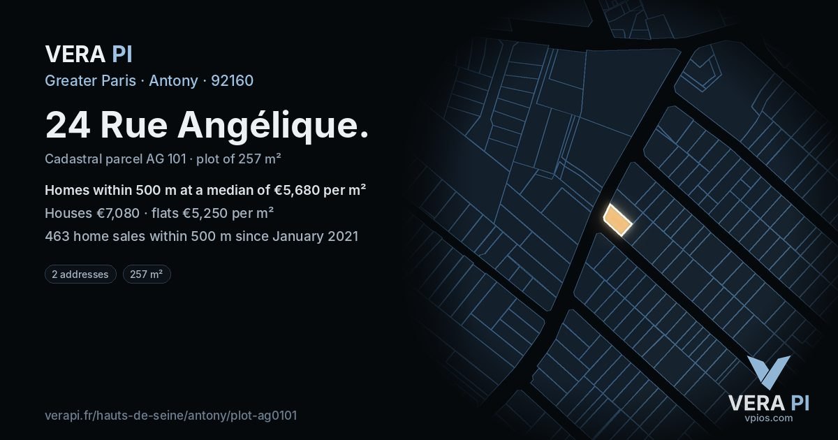 24 Rue Angélique, Antony at night – the plot lit, the parcels around coloured by the prices near them
