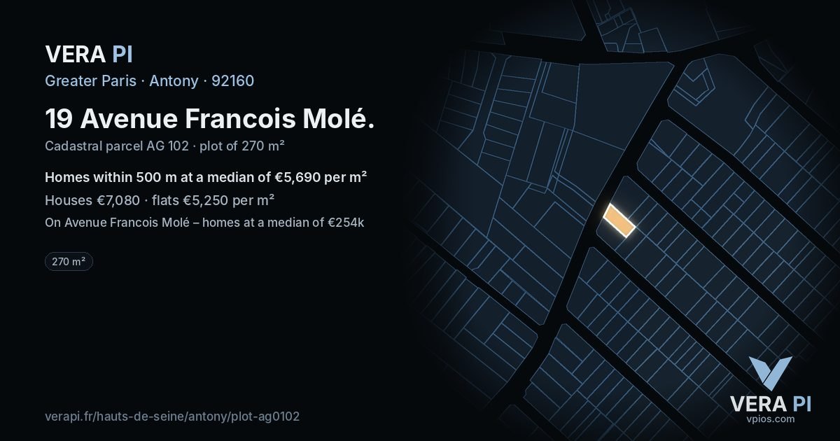 19 Avenue Francois Molé, Antony at night – the plot lit, the parcels around coloured by the prices near them
