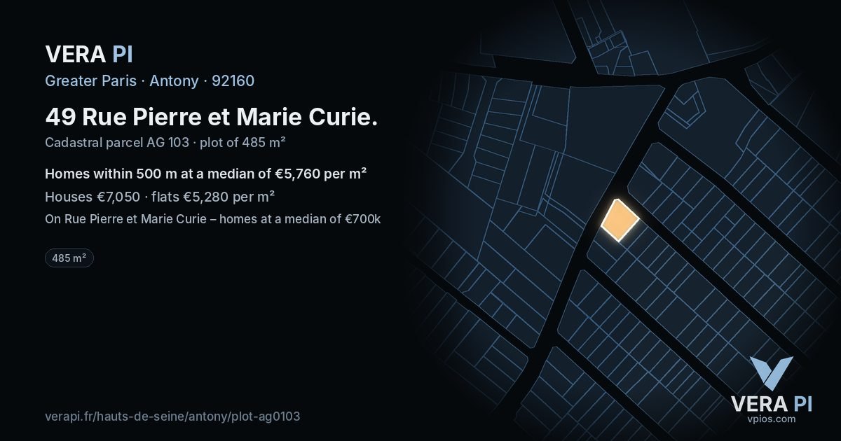 49 Rue Pierre et Marie Curie, Antony at night – the plot lit, the parcels around coloured by the prices near them