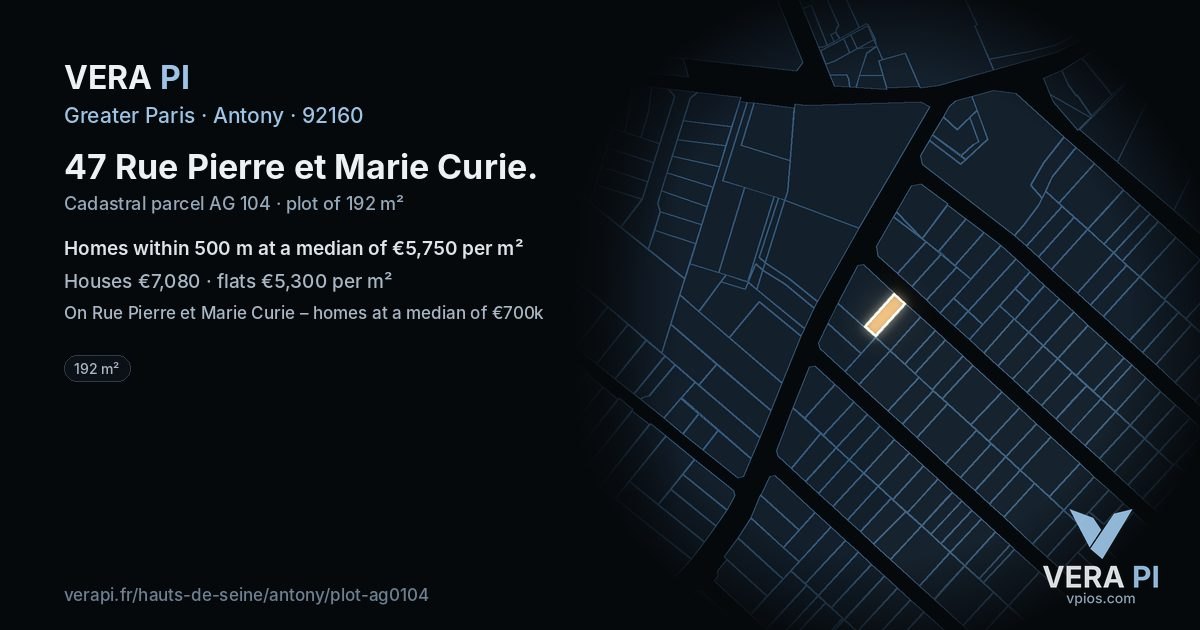 47 Rue Pierre et Marie Curie, Antony at night – the plot lit, the parcels around coloured by the prices near them