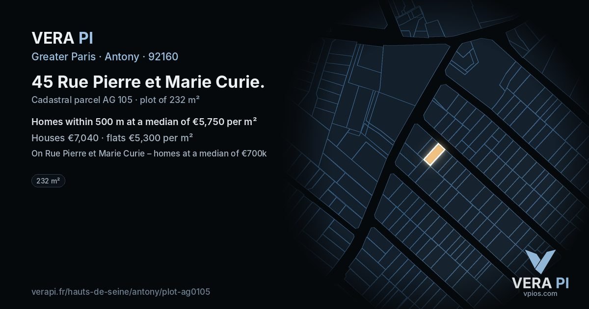 45 Rue Pierre et Marie Curie, Antony at night – the plot lit, the parcels around coloured by the prices near them