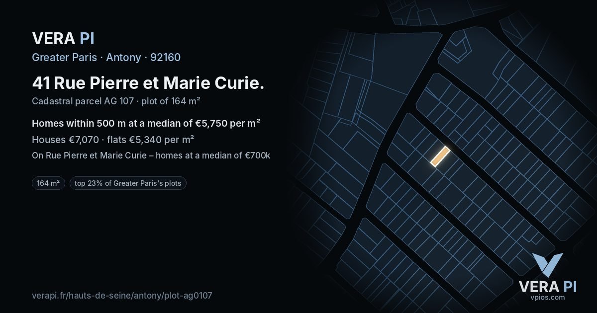 41 Rue Pierre et Marie Curie, Antony at night – the plot lit, the parcels around coloured by the prices near them