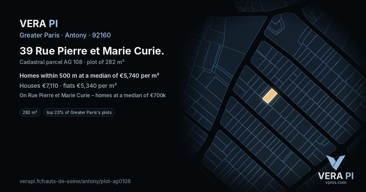 39 Rue Pierre et Marie Curie, Antony at night – the plot lit, the parcels around coloured by the prices near them