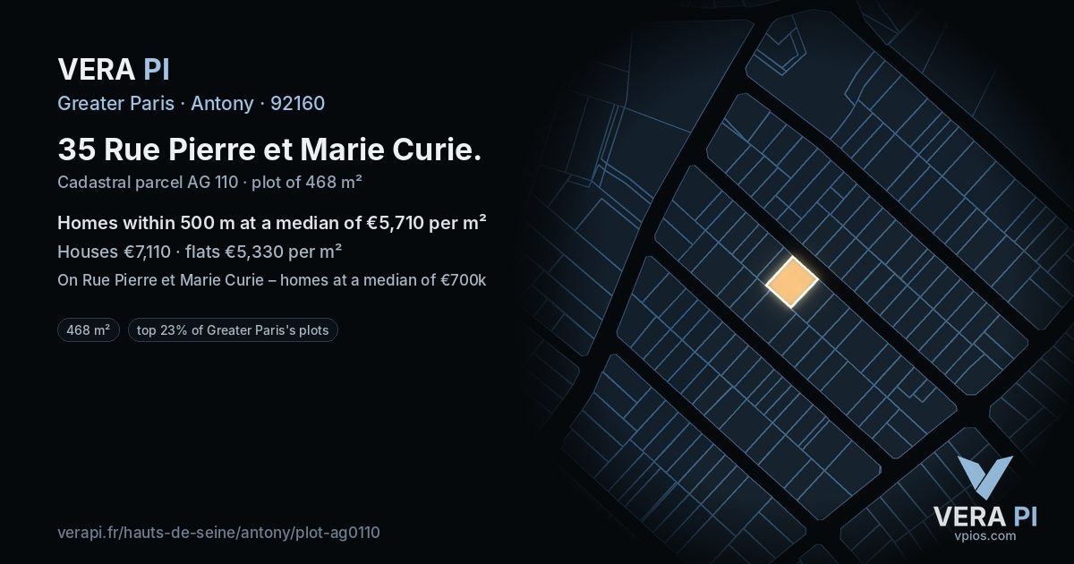 35 Rue Pierre et Marie Curie, Antony at night – the plot lit, the parcels around coloured by the prices near them