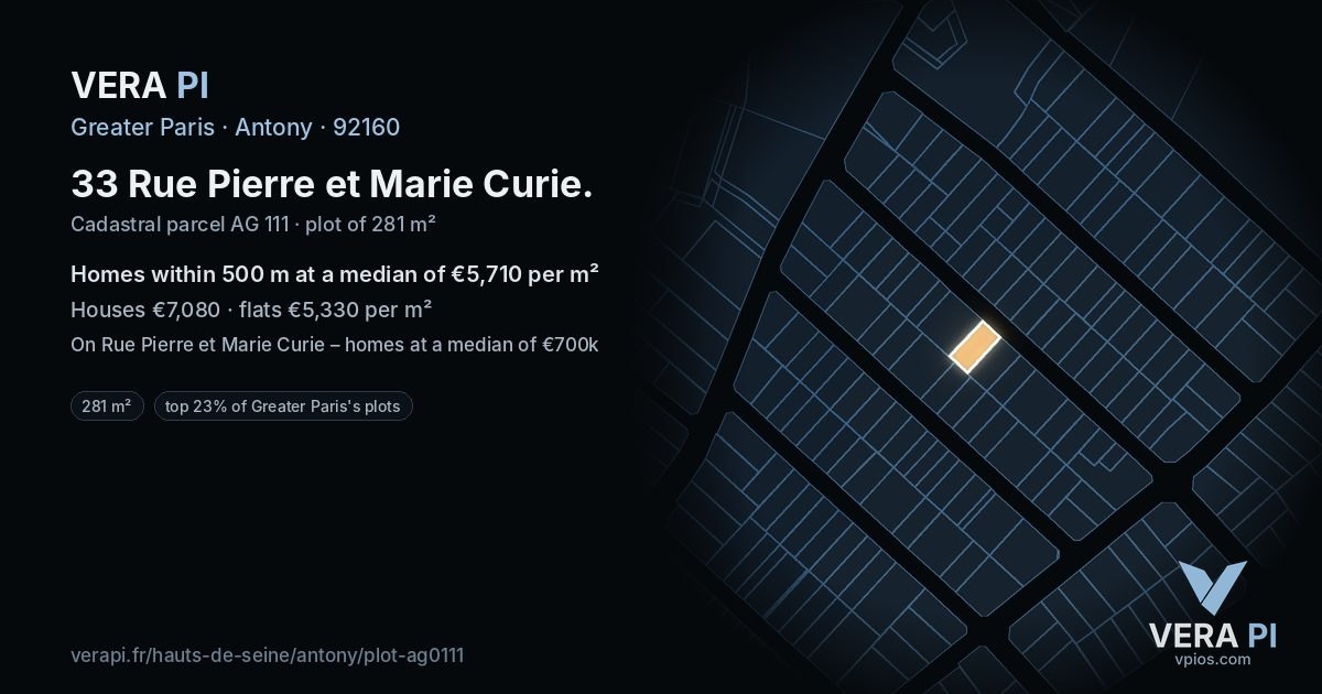 33 Rue Pierre et Marie Curie, Antony at night – the plot lit, the parcels around coloured by the prices near them