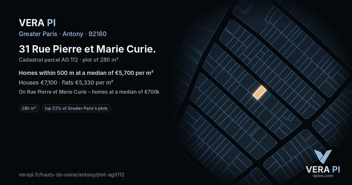 31 Rue Pierre et Marie Curie, Antony at night – the plot lit, the parcels around coloured by the prices near them