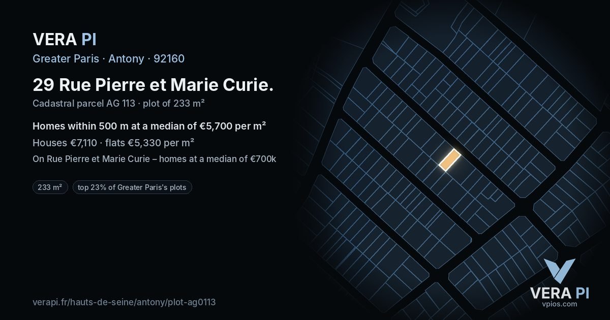 29 Rue Pierre et Marie Curie, Antony at night – the plot lit, the parcels around coloured by the prices near them