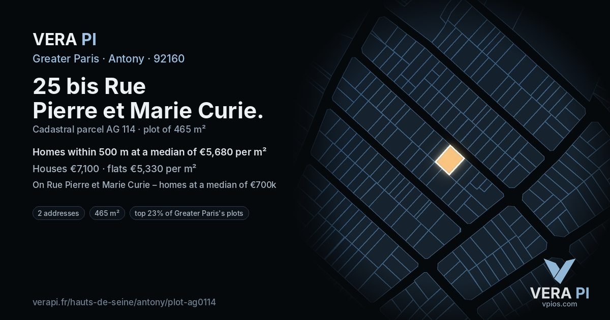 25 bis Rue Pierre et Marie Curie, Antony at night – the plot lit, the parcels around coloured by the prices near them