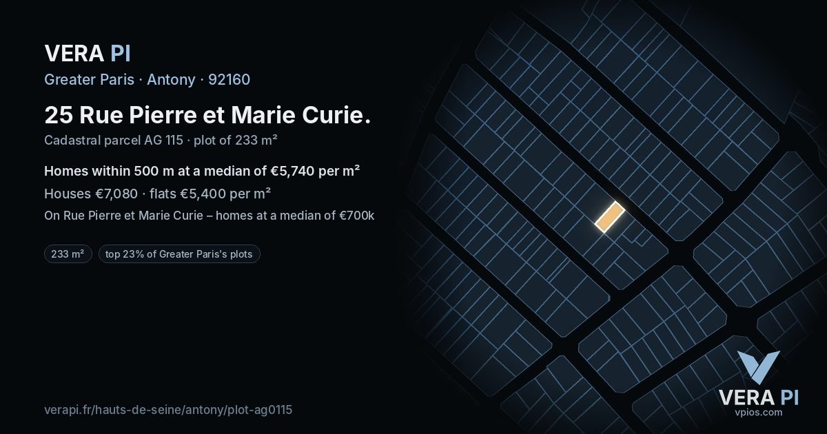 25 Rue Pierre et Marie Curie, Antony at night – the plot lit, the parcels around coloured by the prices near them