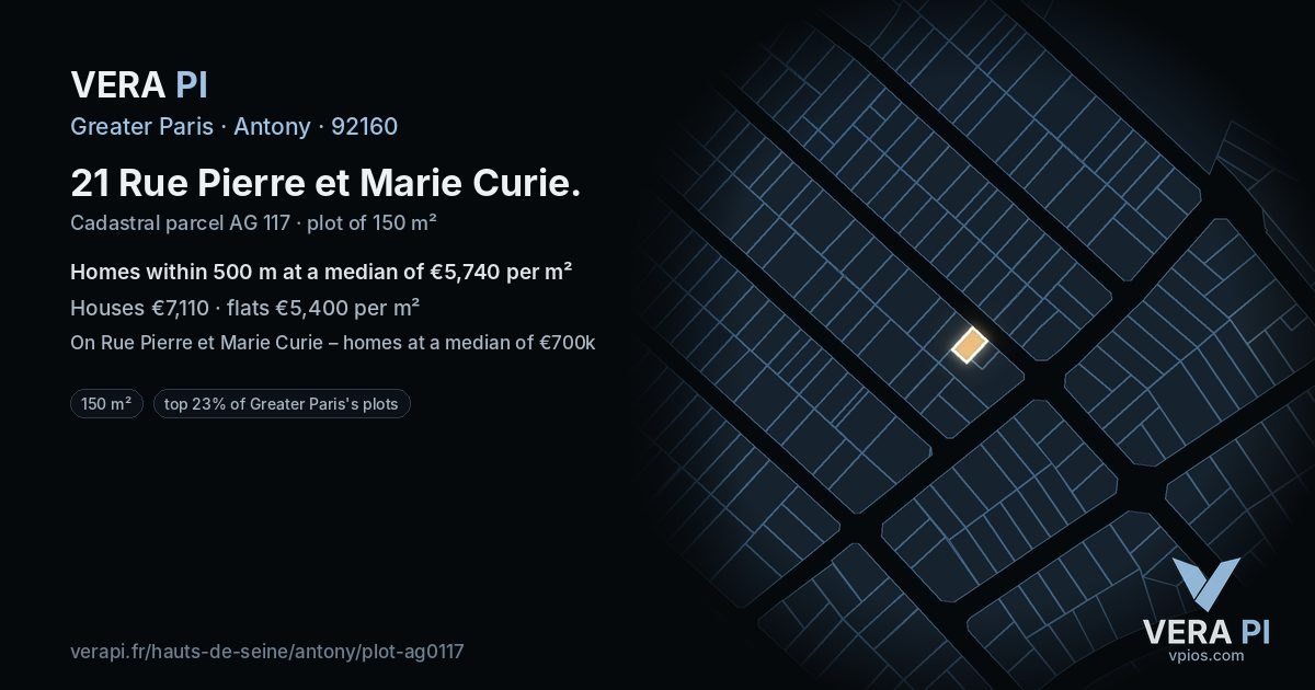21 Rue Pierre et Marie Curie, Antony at night – the plot lit, the parcels around coloured by the prices near them